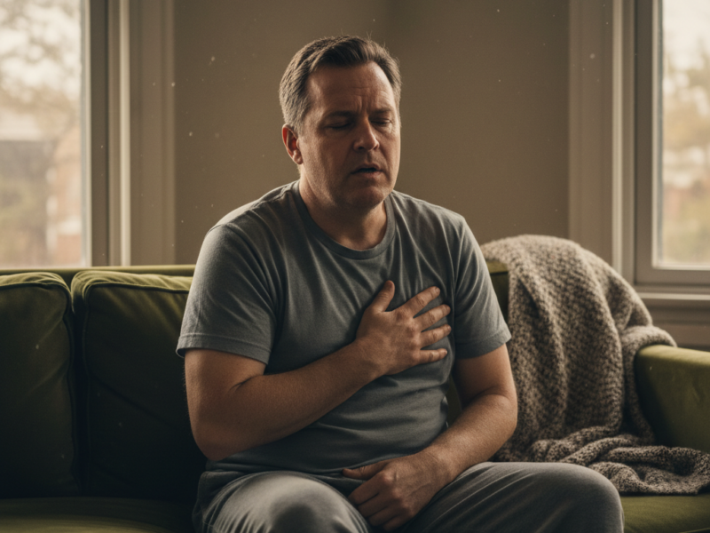 Sedentary person sitting on couch looking fatigued and concerned about cardiovascular health from skipping exercise