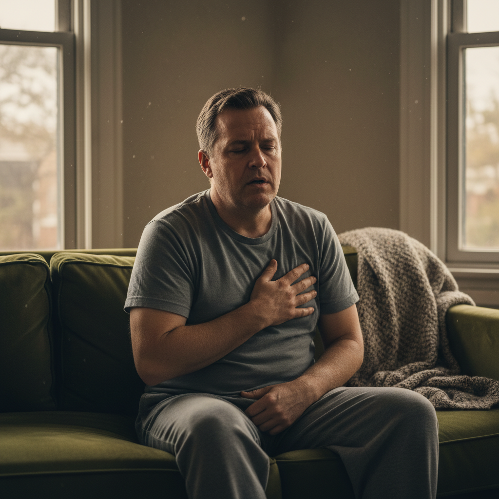 Sedentary person sitting on couch looking fatigued and concerned about cardiovascular health from skipping exercise