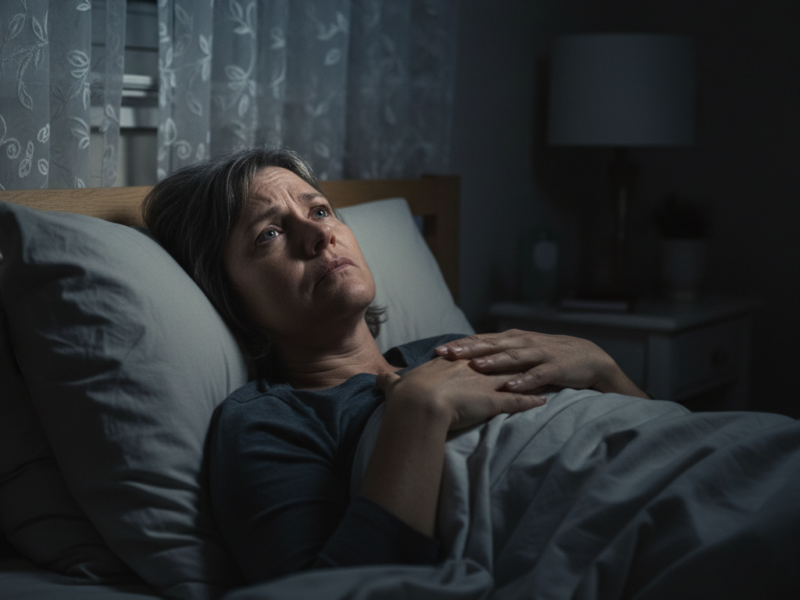 Person lying awake at night unable to sleep, experiencing anxiety and restlessness, representing magnesium glycinate benefits for sleep and anxiety relief
