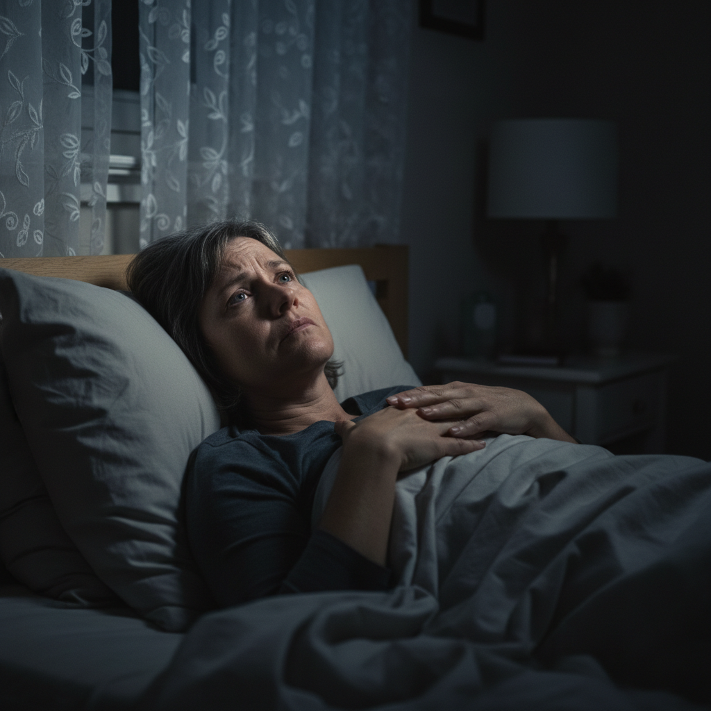 Person lying awake at night unable to sleep, experiencing anxiety and restlessness, representing magnesium glycinate benefits for sleep and anxiety relief